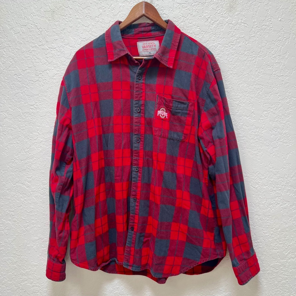 Ohio State Buckeyes Mens XL‎ Red Grey Buffalo Plaid Flannel Button Down Shirt